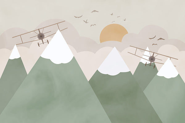 Airplane Overflying Green Mountains An Adventure in the Snowy Heights