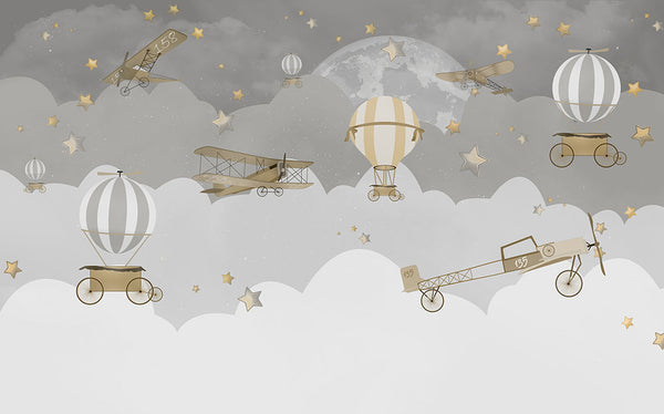 Airplanes and Balloons Flying Among Clouds to the Moon