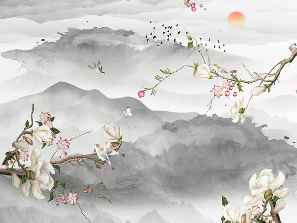 Oriental Elegance the Dance of Flowers among Clouds