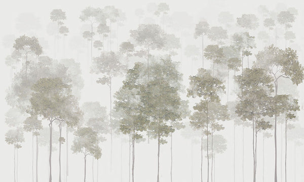 Whispers of the Forest in Mist with Thin Trunks