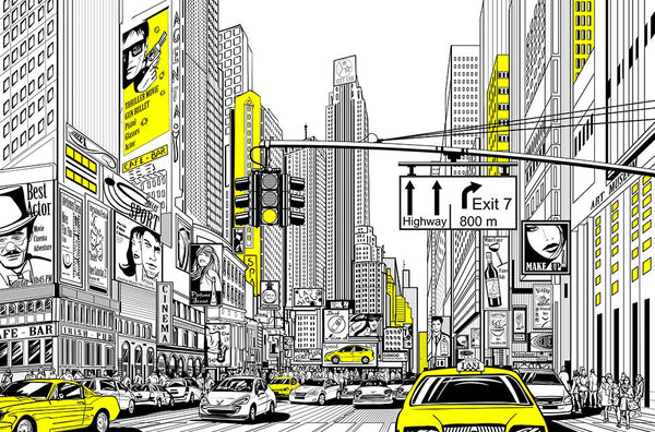 Downtown New York Illustrated in a Line Drawing