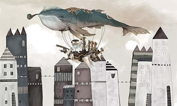 Steampunk children's illustration of a flying whale over the city decorative vinyl